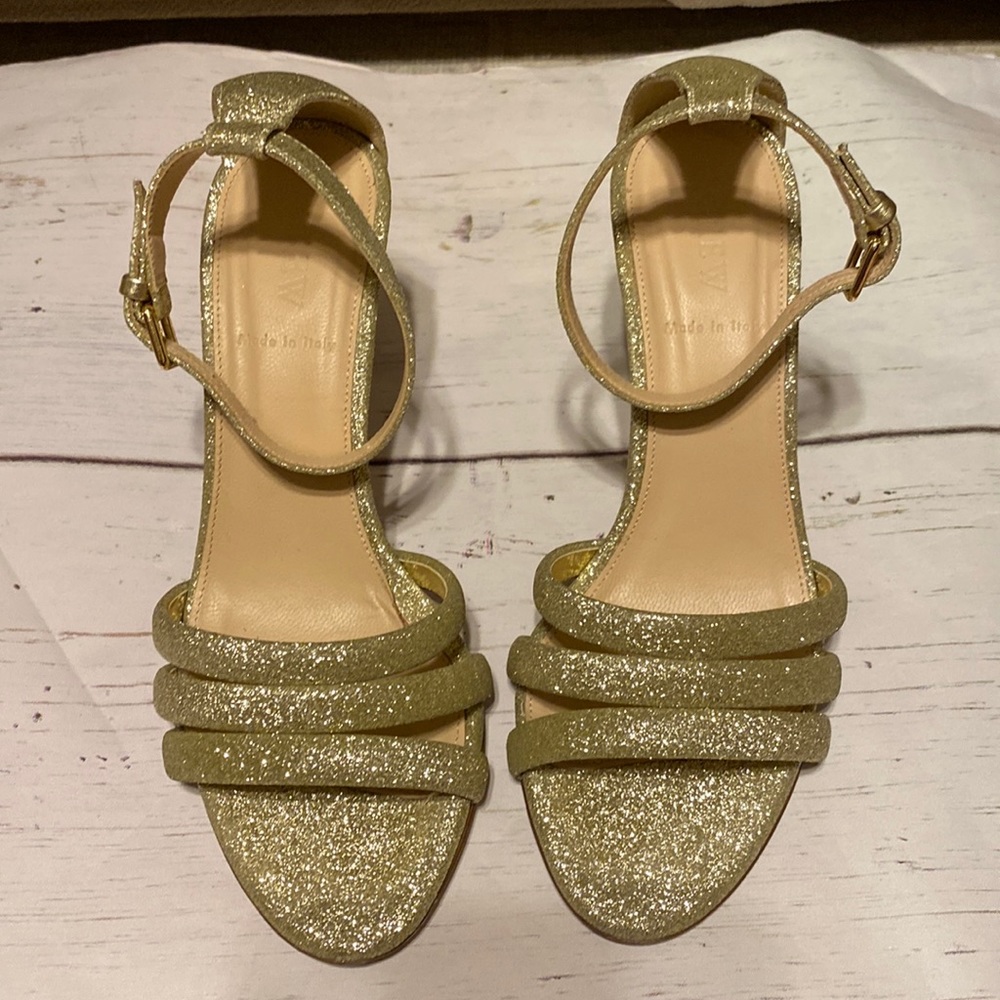 J.CREW GLITTERY ANKLE - STRAP SANDAL HEEL GOLD SILVER MADE IN ITALY